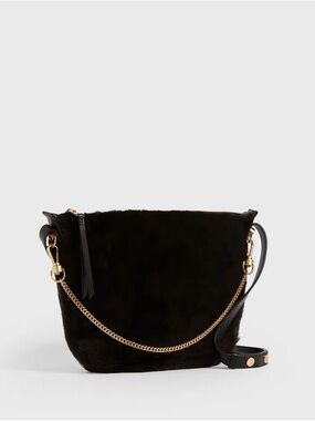 AllSaints Blake Pony Leather Shoulder Bag Shearling Crossbody Black Gold GUC